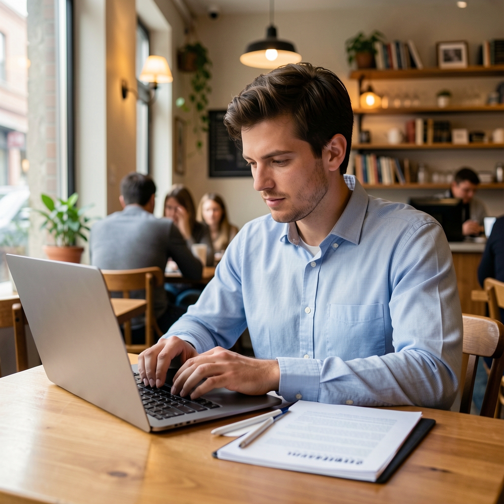 Freelancer pracující na laptopem v kavárně, přičemž si kalkuluje příjmy a výdaje pro daňové přiznání