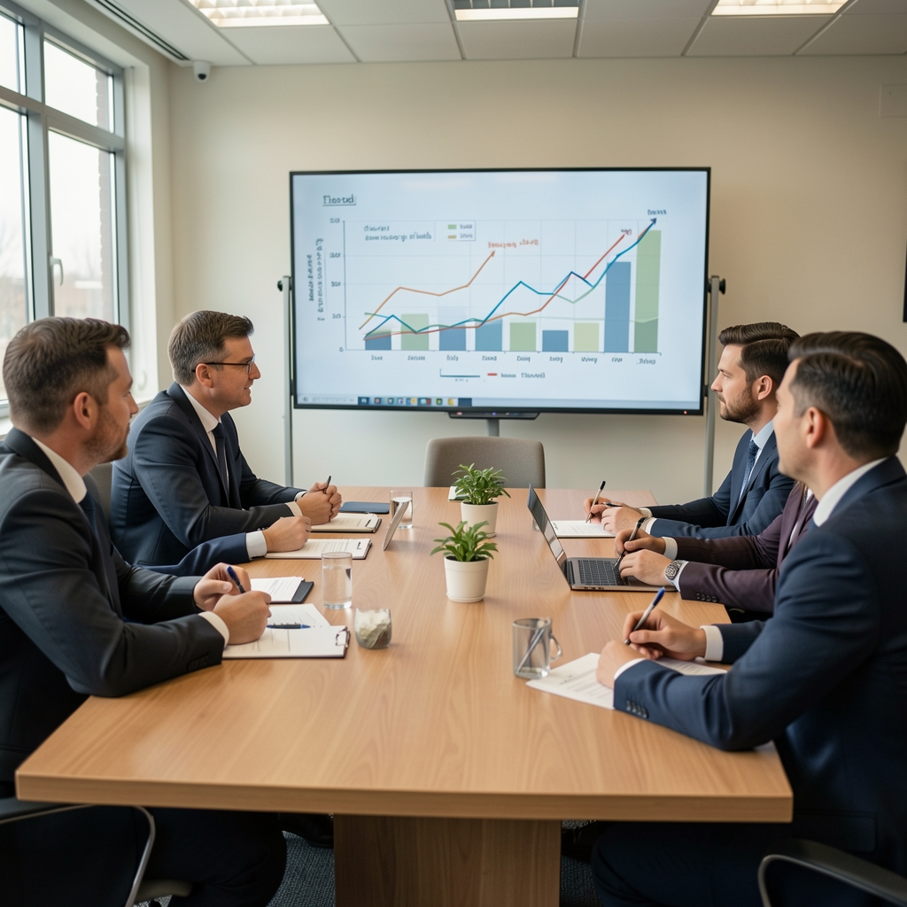 Skupinová porada v zasedací místnosti, kde manažeři diskutují strategické finanční plány na tabuli s grafy